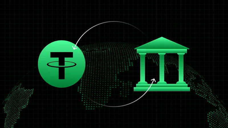 Tether coin and a green bank building linked by curved arrows over a dotted world map, contrasting stablecoins and CBDCs