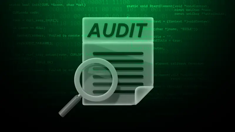 Green document labeled AUDIT under a magnifying glass, set against faint lines of source code, for a post on DeFi audits