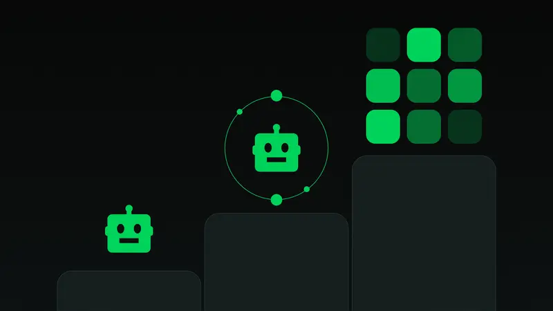 Three rising steps hold a green bot icon, a bot in an orbit ring and a grid of app tiles, as Telegram bots become apps