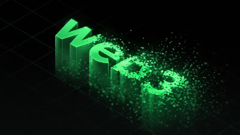 Green 3D Web3 letters on a dark grid breaking apart into particles, like a crypto product that feels temporary