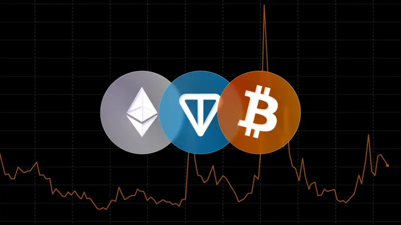 Ethereum, TON, and Bitcoin coin icons over an orange price line chart with sharp spikes, for a Q1 2026 crypto market review