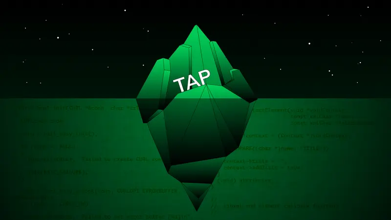 A green iceberg with TAP on its tip above the waterline and lines of code below, showing the hidden steps of a crypto swap