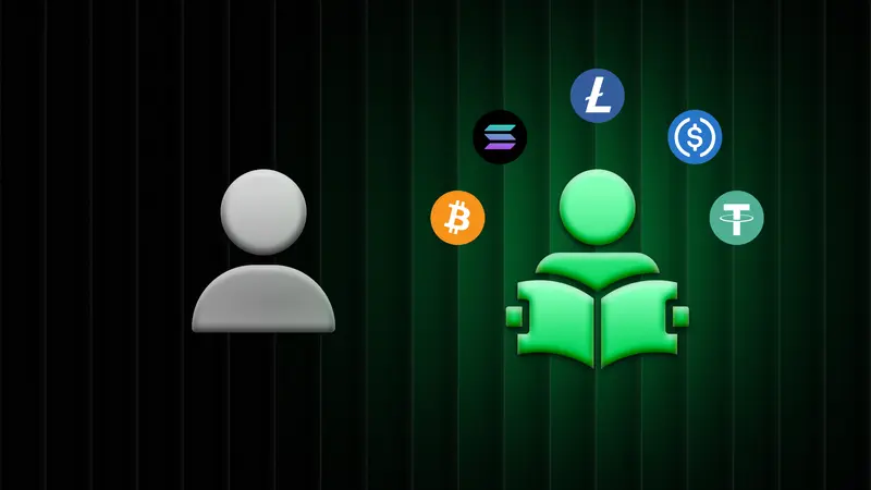 Gray user icon beside a green figure reading an open book, circled by crypto coin logos, showing a trader becoming a learner