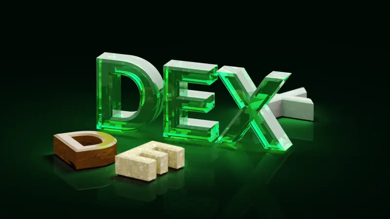 Glowing green glass letters spelling DEX beside older-looking wooden and stone letters on a dark, reflective surface