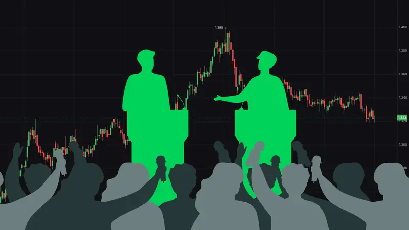 Two green silhouettes debating at podiums before a crowd, set against a candlestick price chart on a dark background