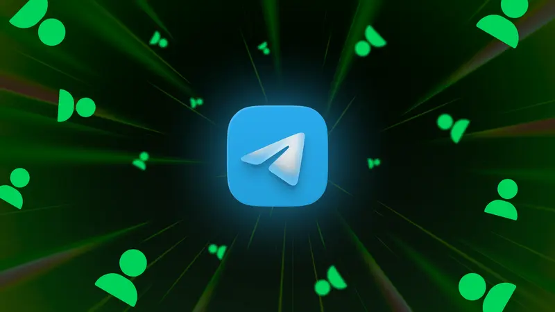 Telegram app icon glowing at the center of green light rays and green user silhouettes, illustrating crypto adoption