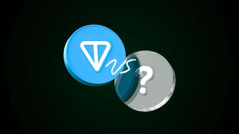 A blue coin with the TON logo and a clear glass coin marked with a question mark, joined by a handwritten vs