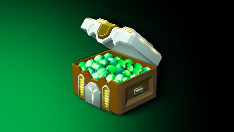 Open treasure chest full of glowing green gems on a green-to-black background, suggesting the rewards of DeFi quests
