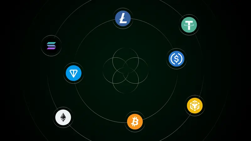 Token icons for TON, Bitcoin, Ethereum, Tether, USDC and others on rings around a center point, suggesting swap routes