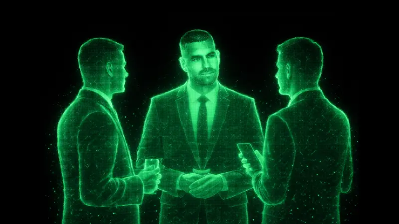 Three men in suits drawn as glowing green holograms on black, one facing the viewer, representing the team behind t0ns