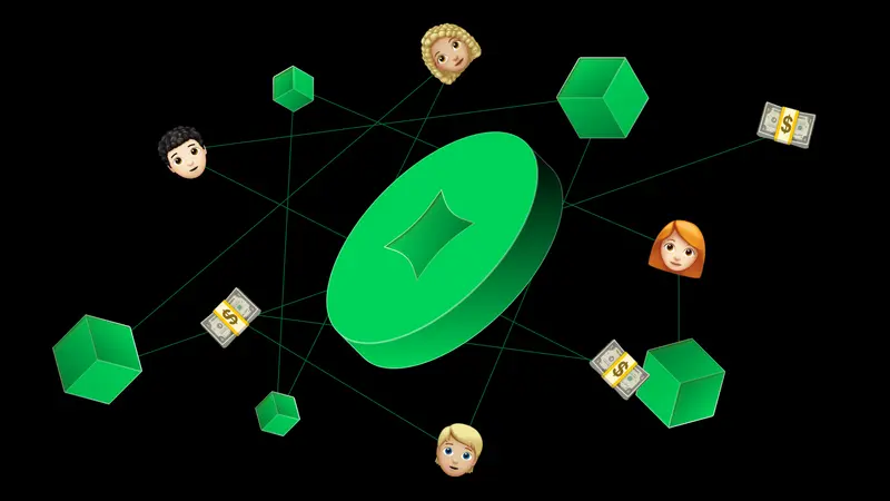 A green coin linked to cubes, people emoji, and banknote icons in a network, representing a blockchain ecosystem