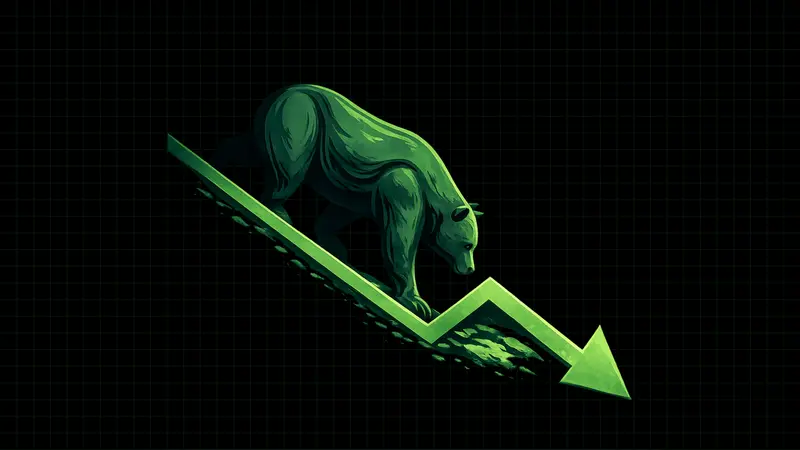 A green bear walking down a falling arrow on a dark grid, illustrating a crypto bear market