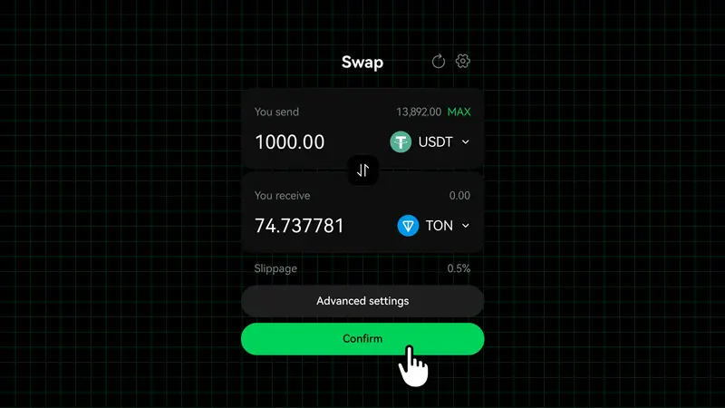 Token swap screen with a preset slippage value, an Advanced settings button and a hand cursor about to press Confirm