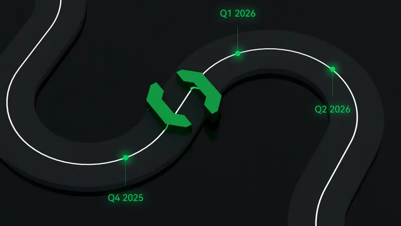 Winding dark road with a glowing white line, green milestone markers and a green 3D symbol, illustrating the t0ns roadmap