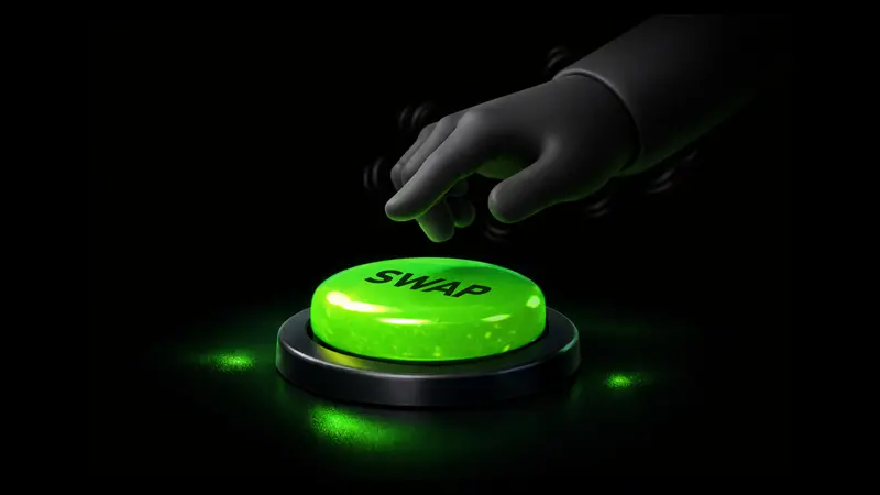 A dark cartoon hand hovers hesitantly over a glowing green button labeled SWAP, the moment before a first crypto swap
