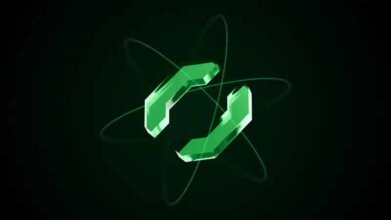 Two green glass arcs forming a loop like a swap symbol, circled by thin green orbit lines on a dark background