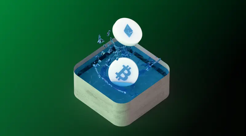 Two white coins with Ethereum and Bitcoin symbols splashing into a square pool of blue water, illustrating a liquidity pool
