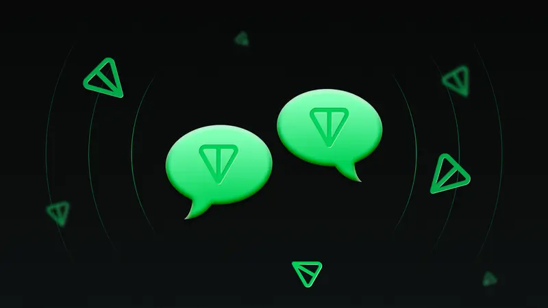 Two green speech bubbles with the TON logo and floating TON symbols on a dark background, suggesting social chats