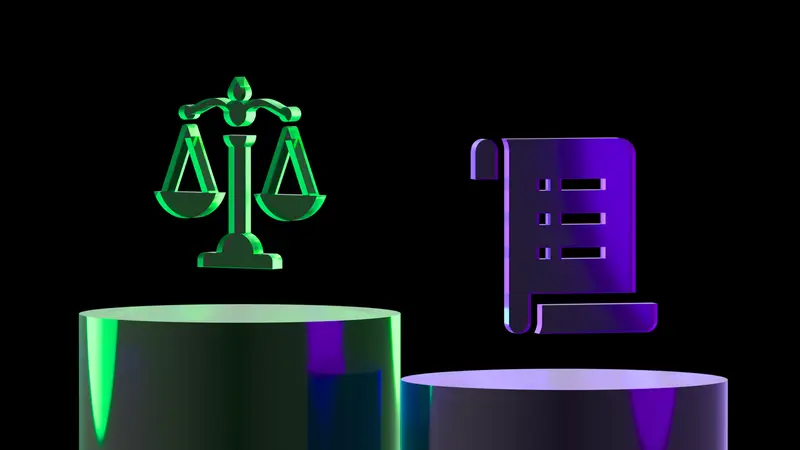 A green balance scale and a purple scroll with list lines on separate podiums, comparing AMM and order book DEX models