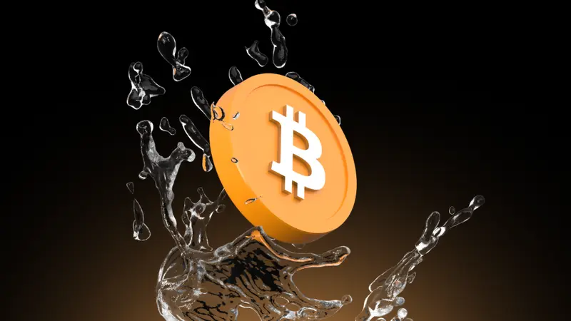 An orange Bitcoin coin tumbling through a splash of clear liquid on a dark background, for a post on liquidity provider risk