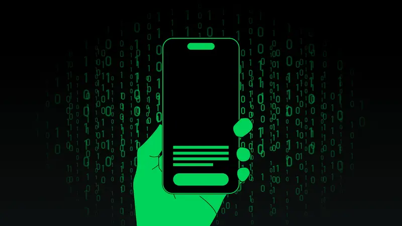 Green hand holding a phone with a mostly blank screen before falling binary code, Web3 hidden behind the interface