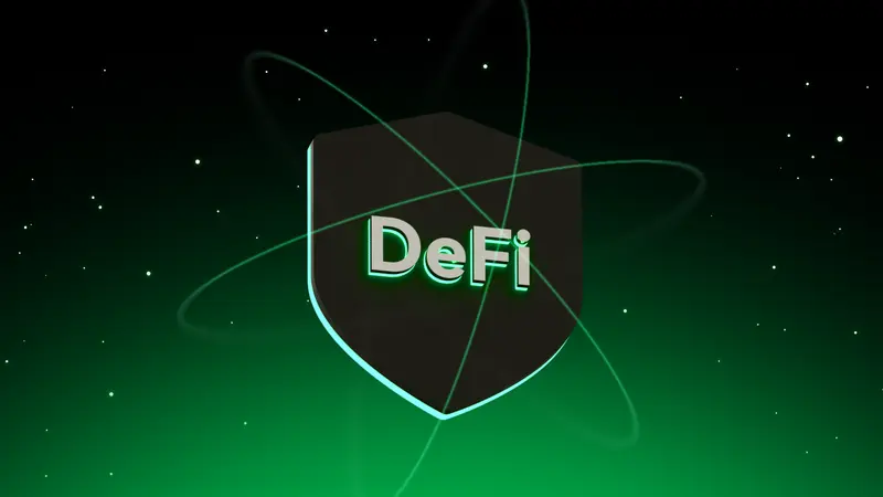A dark shield marked DeFi with glowing green edges, crossed by thin orbit lines against a starry green background
