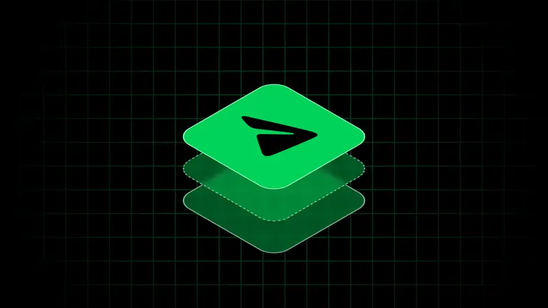 A green tile with a paper plane icon stacked above two translucent layers on a dark grid, representing Web3 mini apps