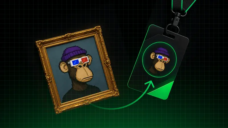 Pixel-art ape portrait in a gold frame, with an arrow to the same ape on a green access badge, showing NFTs gaining utility