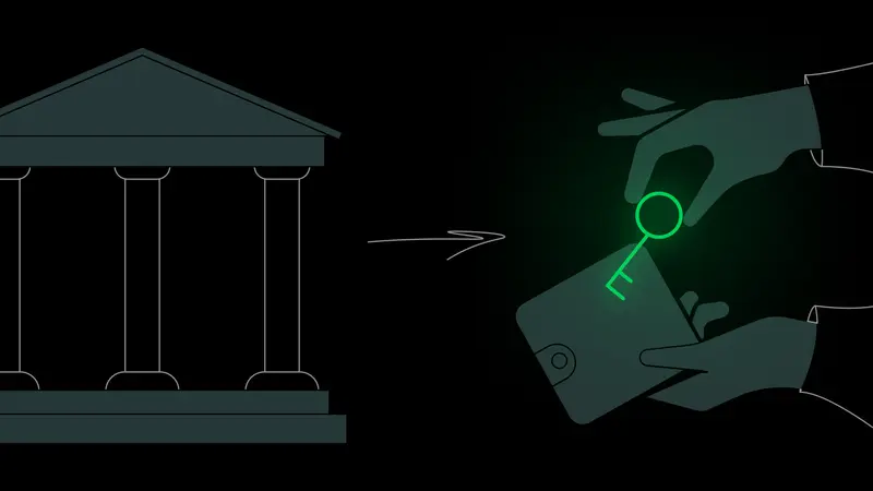 Line drawing of a bank with an arrow toward two hands placing a glowing green key into a wallet, custody to self-custody